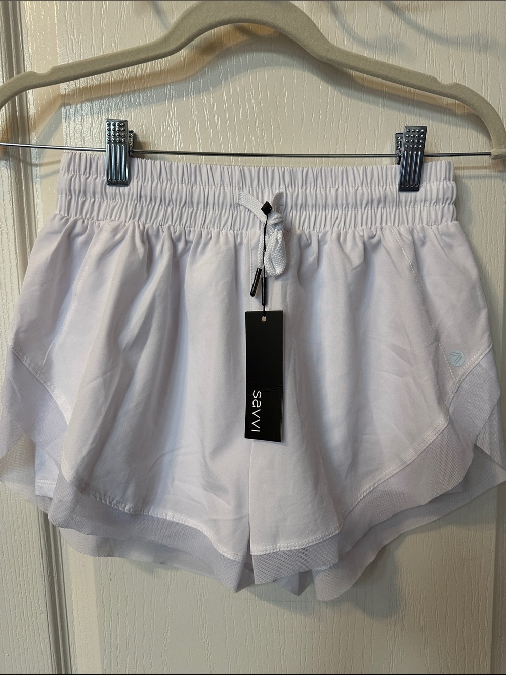 Savvi Women's High-Rise White Athletic Running Shorts with Elastic Waist Sz M-L